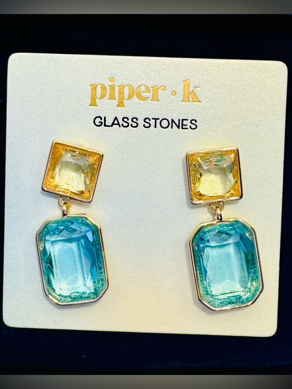 NWT Piper.K Gold-Tone Blue and Pale Yellow Glass Drop Earrings